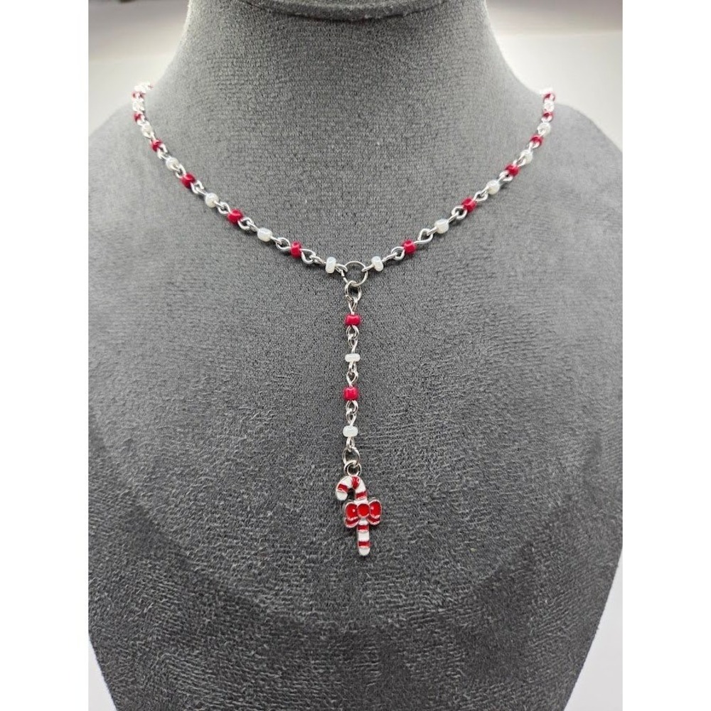 Handmade Necklace Red Faux Pearl Beaded Y-Shape Candy Cane Holiday # Festive